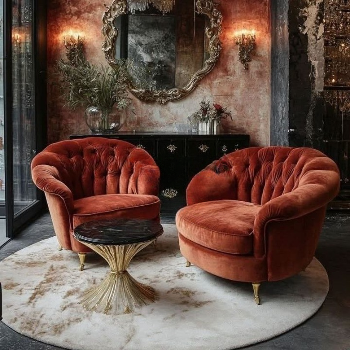 Orange Velvet Barrel Accent Chair with Tufted Back and Gold Legs