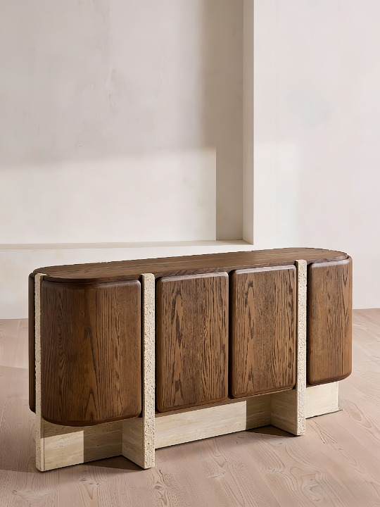 Travertine and Wood Sideboard Cabinet, Modern Buffet Storage Cabinet with Rounded Doors, Dining Room Credenza, Living Room Accent Cabinet, Entryway Cabinet and TV Console