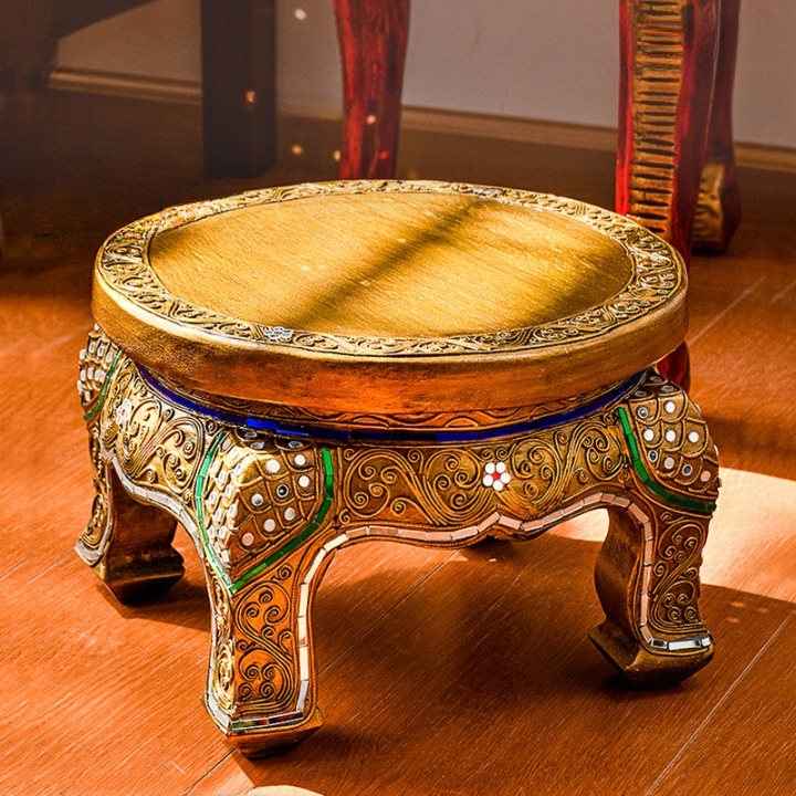 Hand-Carved Solid Wood Elephant Stool, Gold-Tone Accent Seat