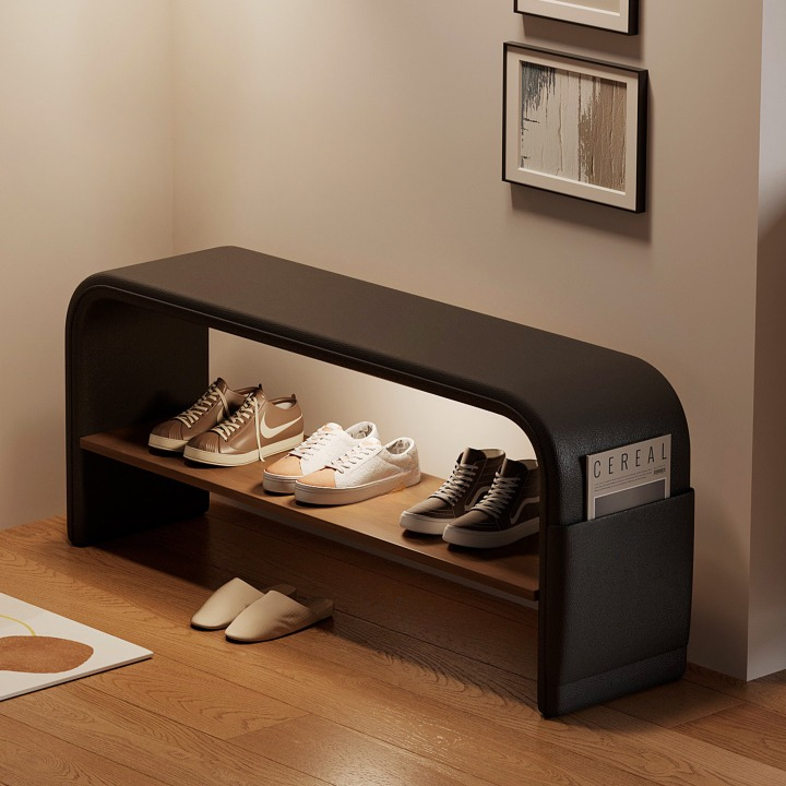 Narrow Entryway Shoe Bench with Padded Black Faux Leather Seat, 23.6-Inch Hallway Bench with Metal Shoe Rack, Side Storage Pocket and Motion Sensor Light for Foyer, Bedroom or Closet