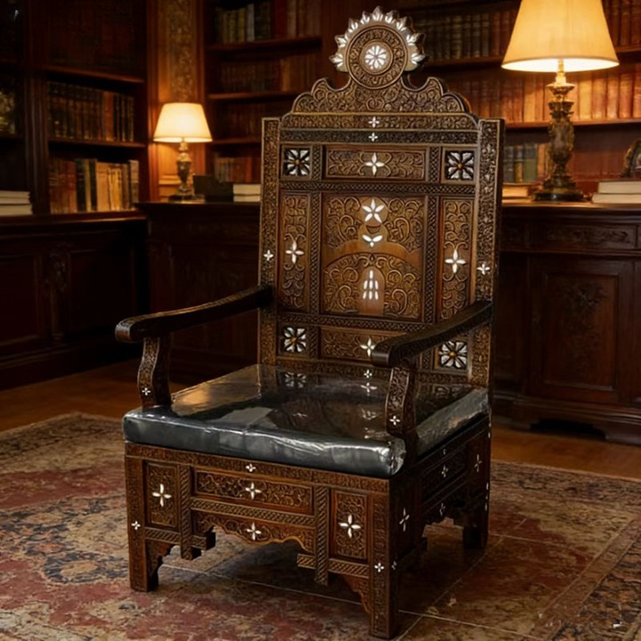 Carved Wood High Back Throne Chair with Inlay and Cushion