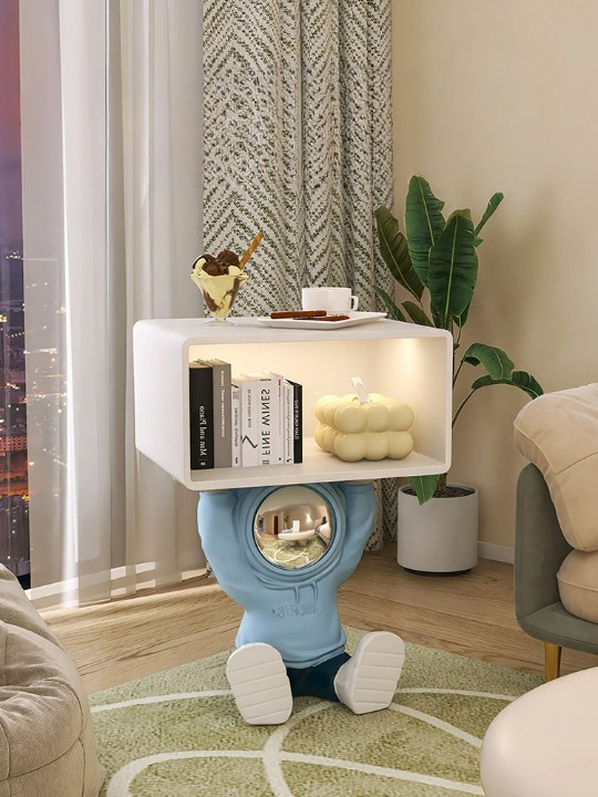 Blue and White Resin Astronaut Side Table with White Wood Storage Cabinet, Motion Sensor Light, Cartoon Kids Bedside End Table for Bedroom, Nursery, Playroom, Living Room and Sofa Side Use