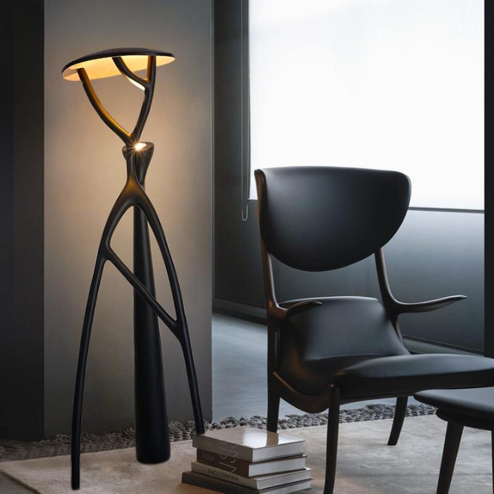 Modern Sculptural LED Floor Lamp, Tree Branch Standing Light with Integrated Warm Glow, Matte Black Fiberglass Body for Living Room, Hotel Lobby, Lounge or Showroom