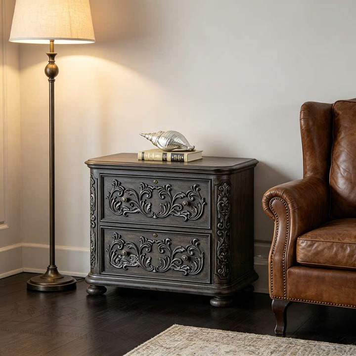 Dark Brown 2-Drawer Nightstand with Silver Scrollwork