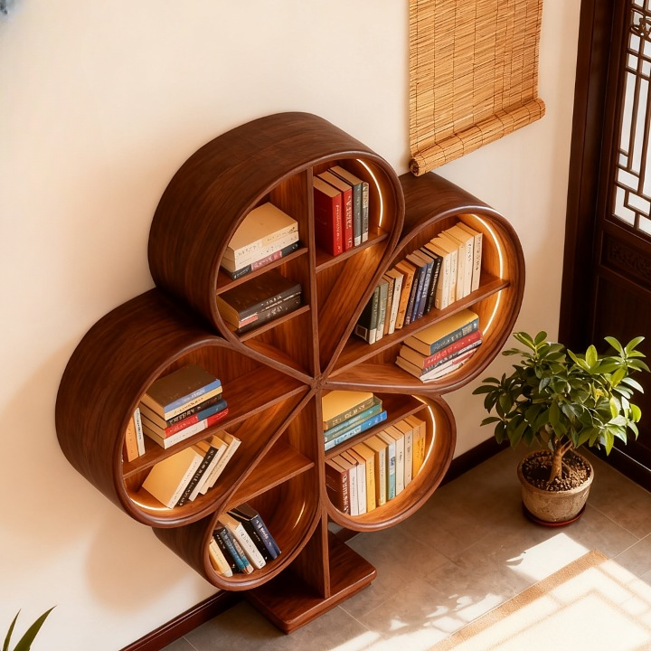 Ash Wood Clover Bookcase with LED-Lit Open Shelves
