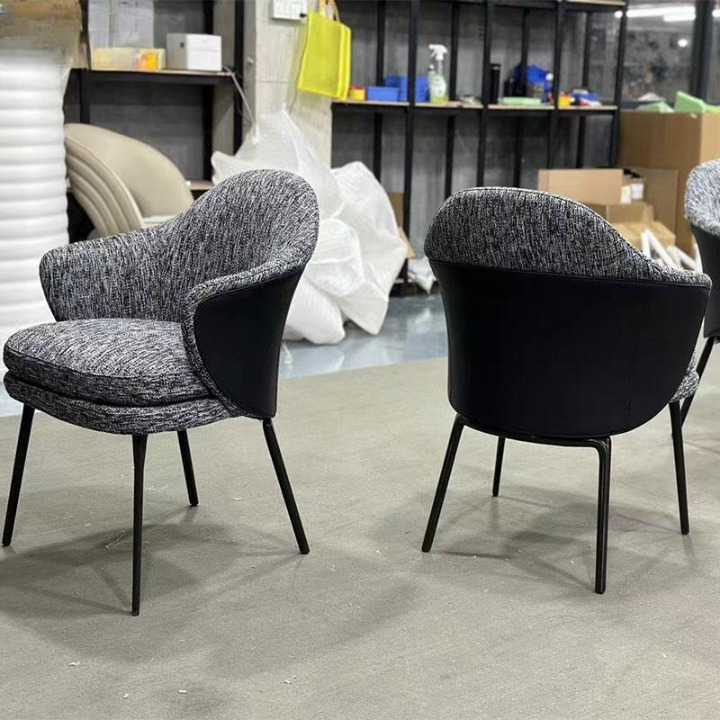 Dark Gray Textured Fabric Dining Armchair, Modern Minimalist Curved Wraparound Back Chair with Black Contrast Panels and Slim Metal Legs for Dining Room, Kitchen, Bedroom and Reception