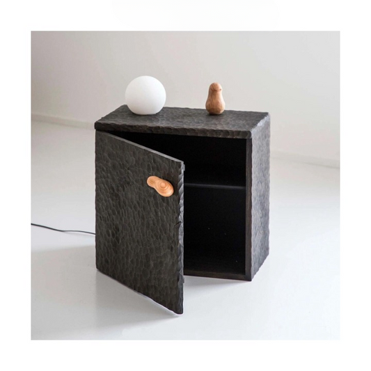 Black Hammered Wood Nightstand, Textured Bedside Cabinet with Door and Shelf, Wabi Sabi Accent Side Table for Bedroom Living Room Entryway