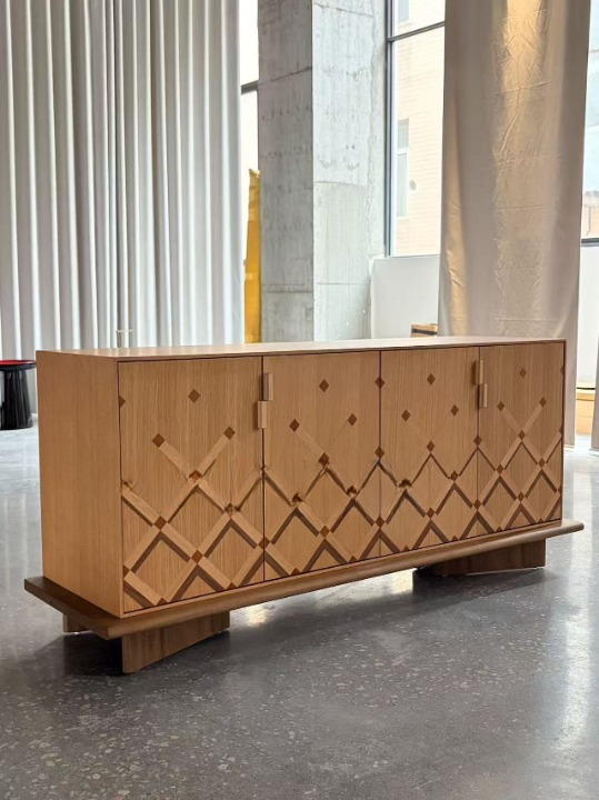 Wood Veneer Sideboard Cabinet, Geometric Diamond Pattern Buffet Cabinet, Modern Credenza Storage Cabinet for Dining Room, Living Room, Entryway, Hallway, Kitchen, and Console Decor