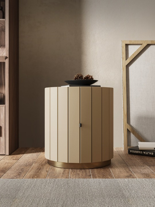 Round Leather Look Nightstand, Modern Bedside Table with Vertical Channel Design, Solid Wood Frame Accent Cabinet with Gold Tone Base for Bedroom, Guest Room, Apartment, and Small Spaces