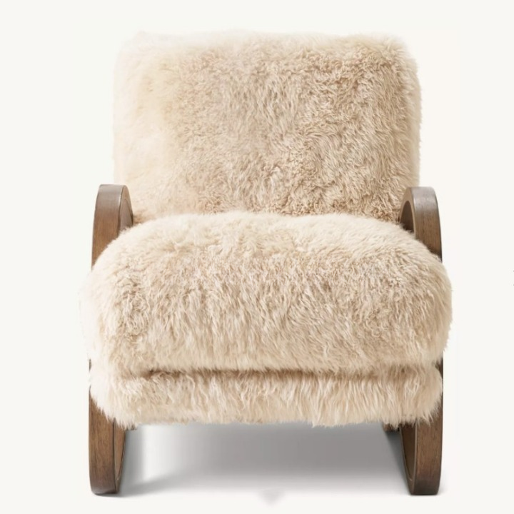 Faux Shearling Accent Chair with Curved Wood Arms, Plush Upholstered Lounge Chair for Living Room, Bedroom, Cafe, Hotel, Reading Nook, Cream