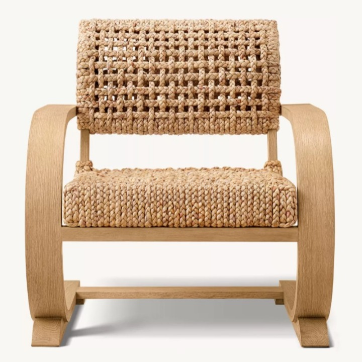 Wood and Woven Rope Lounge Chair, Accent Armchair with Curved Wood Frame for Living Room, Hotel, Villa, Bedroom, Natural Finish