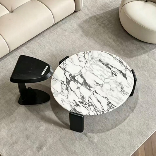 Round Stone Top Coffee Table Set with Sculptural Side Table, Gray