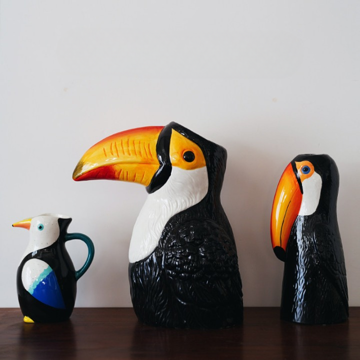 3 Piece Ceramic Bird Vase Set, Hand Painted Toucan Vase and Pitcher Decor