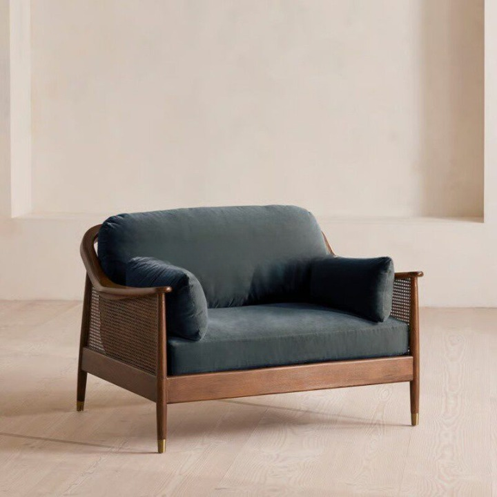 Solid Wood Frame Loveseat Sofa Chair, Upholstered 2-Seater Accent Couch with Wood Arms and Pillows for Living Room, Bedroom, Office, Lounge, Dark Gray