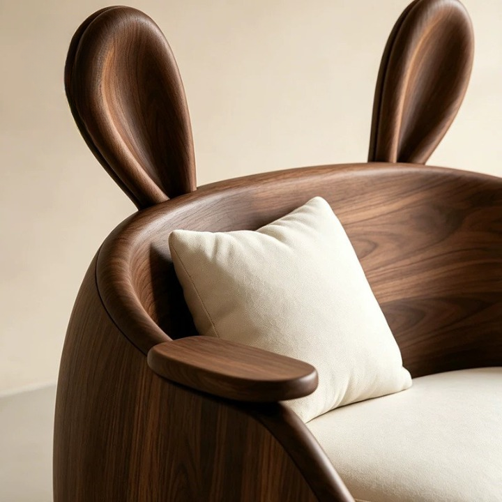 Rabbit Ear Accent Chair with Ash Wood Frame and White Cushion