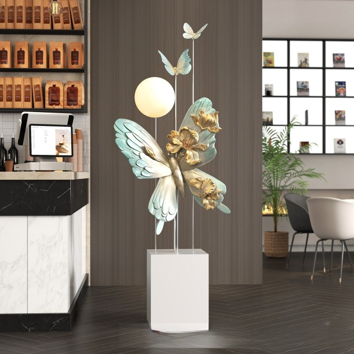 Blue Butterfly Resin Floor Lamp with Glass Globe