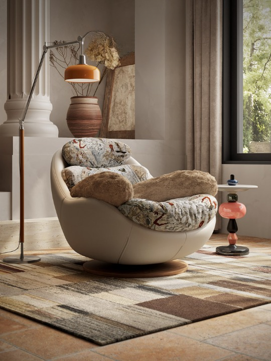 Oversized Swivel Accent Chair, Cream Leather Look Lounge Chair with Patterned Jacquard Cushions and Plush Bolster Pillow, Modern Round Single Sofa Chair for Living Room, Bedroom, Reading Nook, Apartment, and Lounge