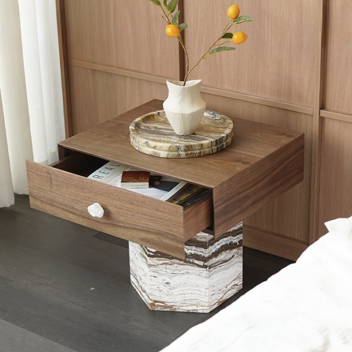 Walnut Nightstand with Natural Stone Pedestal Base, Modern Minimalist Bedside Table with Drawer, Rectangular Wood Storage Cabinet, Bedroom Side Table for Bedside, Living Room, Lounge