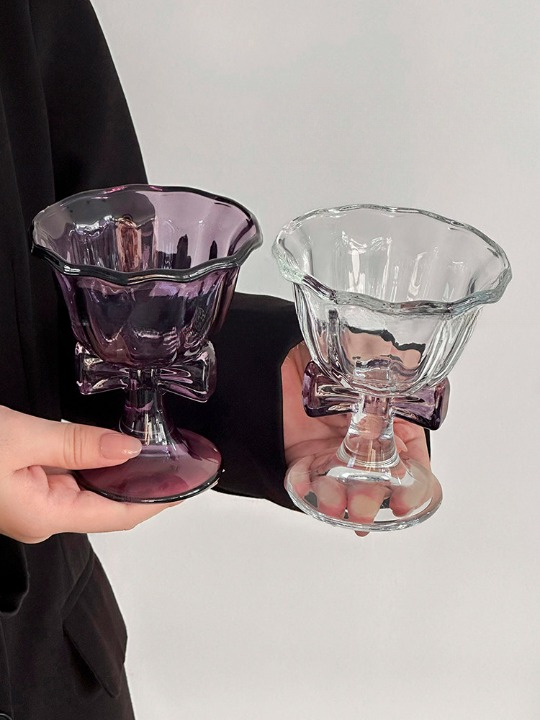 Bow Stem Dessert Cups Set of 2, Purple and Clear Footed Glass Bowls with Scalloped Rims for Ice Cream, Sundaes, Fruit, Parfaits, Pudding and Party Drinks