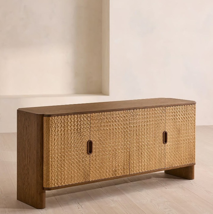Solid Wood Carved Sideboard Buffet Cabinet, Textured Door Storage Credenza TV Console for Dining Room, Living Room, Hotel, Villa, Natural Wood Finish