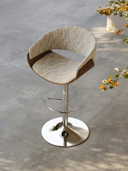 Adjustable Swivel Bar Stool, Modern Upholstered Counter Height Stool with Wood Veneer Back, Footrest and Hydraulic Lift for Kitchen Island, Home Bar and Dining Counter
