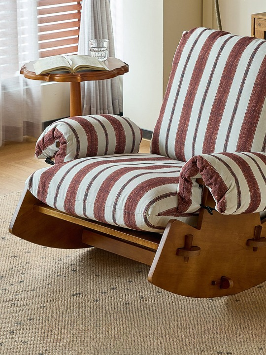 Brown Striped Upholstered Wood Rocking Chair for Adults