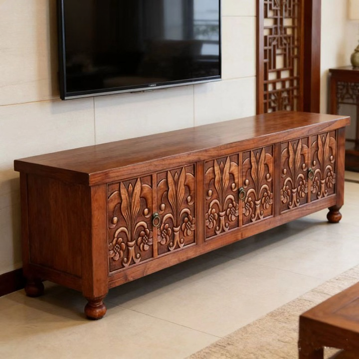 Solid Elm Wood TV Stand, 6-Door Carved Media Console