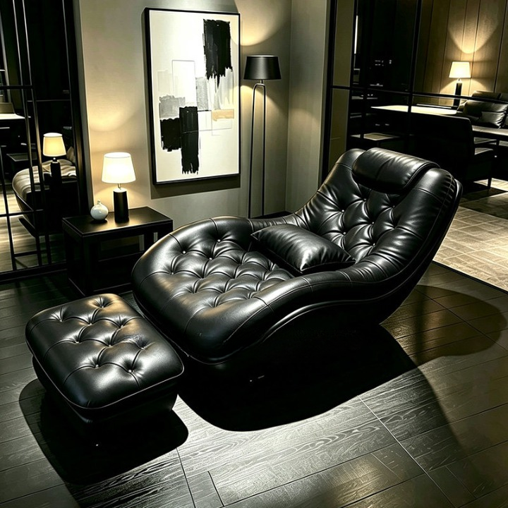 Black Tufted Chaise Lounge 62 Inch, Curved Faux Leather Reclining Sofa Chair