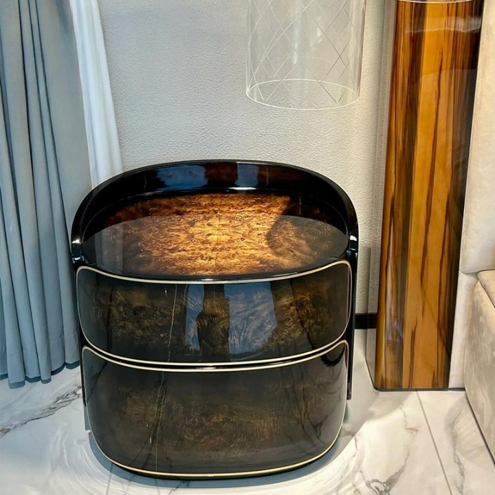 Modern Black 2-Drawer Nightstand with Curved Frame and Gold Trim