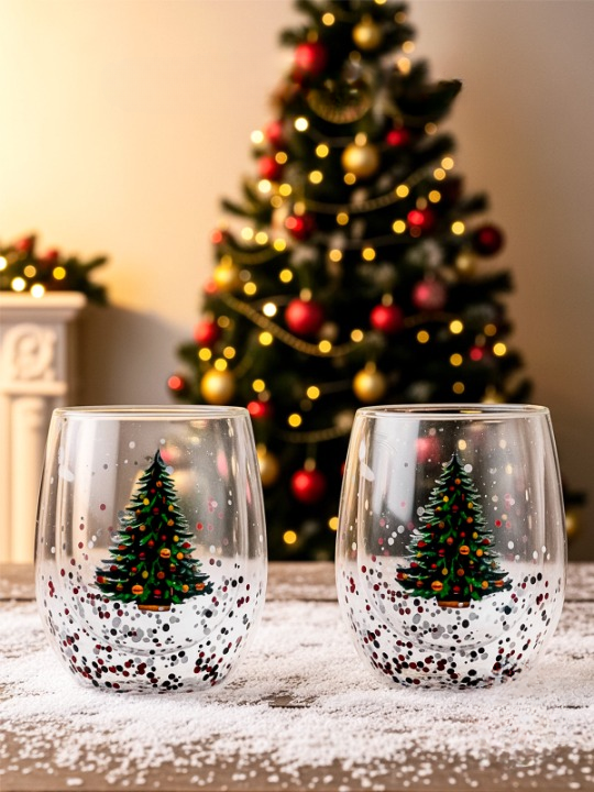 Christmas Double Wall Glass Coffee Mug Set of 2, 10 oz Insulated Clear Drinking Glasses with Christmas Tree Design for Coffee, Tea, Latte, Milk, Hot and Cold Beverages