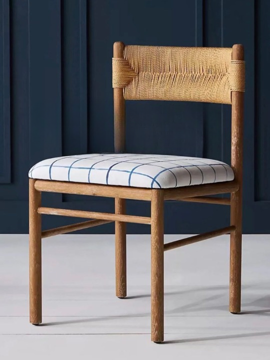 Rattan Back Dining Chair with Upholstered Cushion, Solid Wood Frame Vintage Style Cafe Chair, Natural Woven Accent Chair for Dining Room, Kitchen, Bedroom, Study, Restaurant, and Guest Room