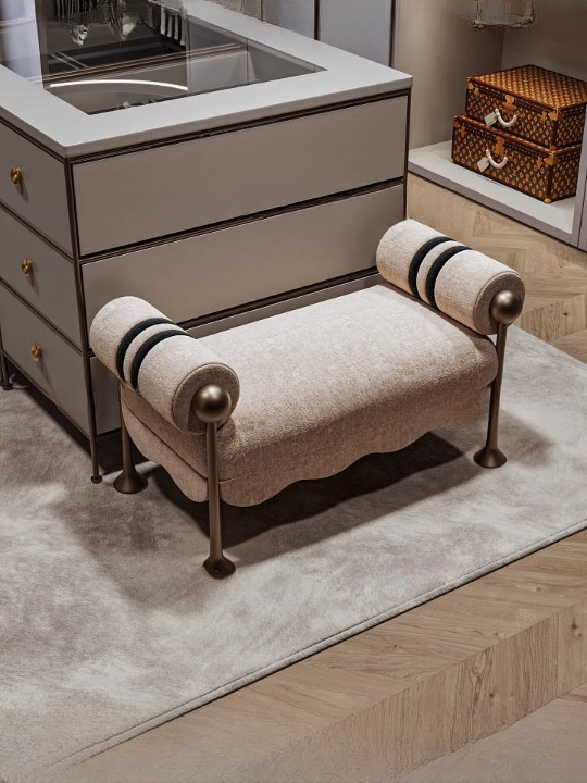 Luxury Modern Boucle Upholstered Bedroom Bench with Bolster Armrests, Beige End of Bed Bench, Entryway Bench Seat, Vanity Stool, Accent Bench with Antique Brass Finish Metal Legs
