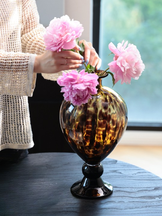 Amber Tortoiseshell Glass Vase, Large Pedestal Art Glass Centerpiece