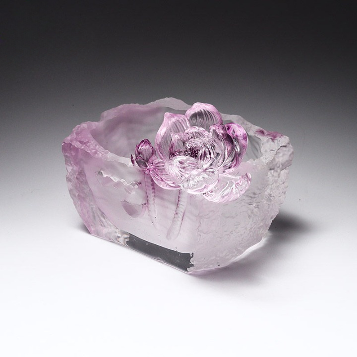 Pink Lotus Art Glass Trinket Dish, Decorative Key and Jewelry Tray