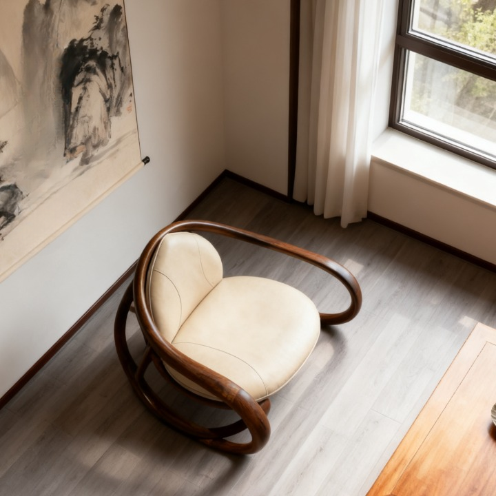 Ash Wood Loop Arm Accent Chair with Cream Cushion