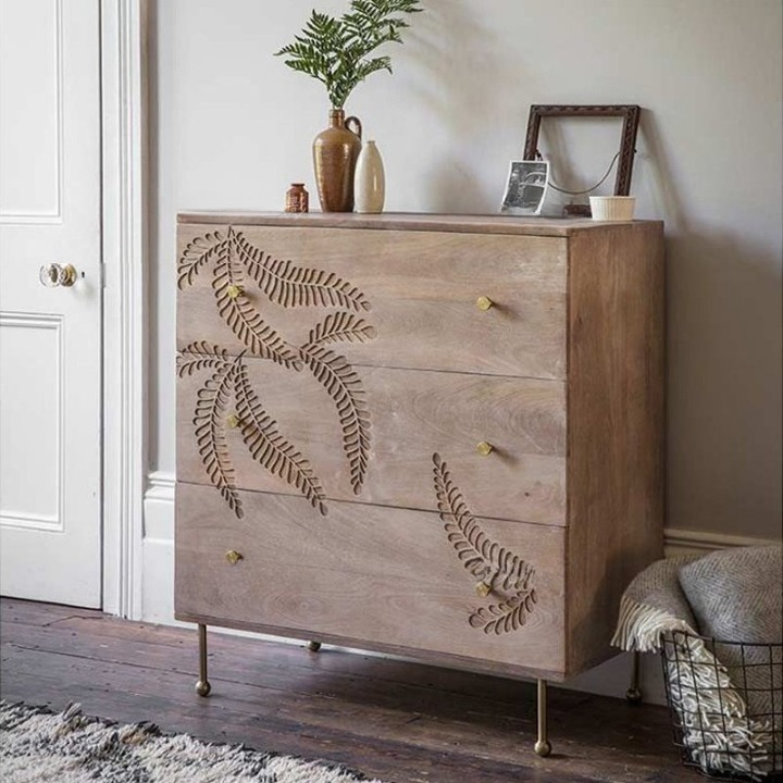 Natural Wood 3-Drawer Dresser with Carved Leaf Design