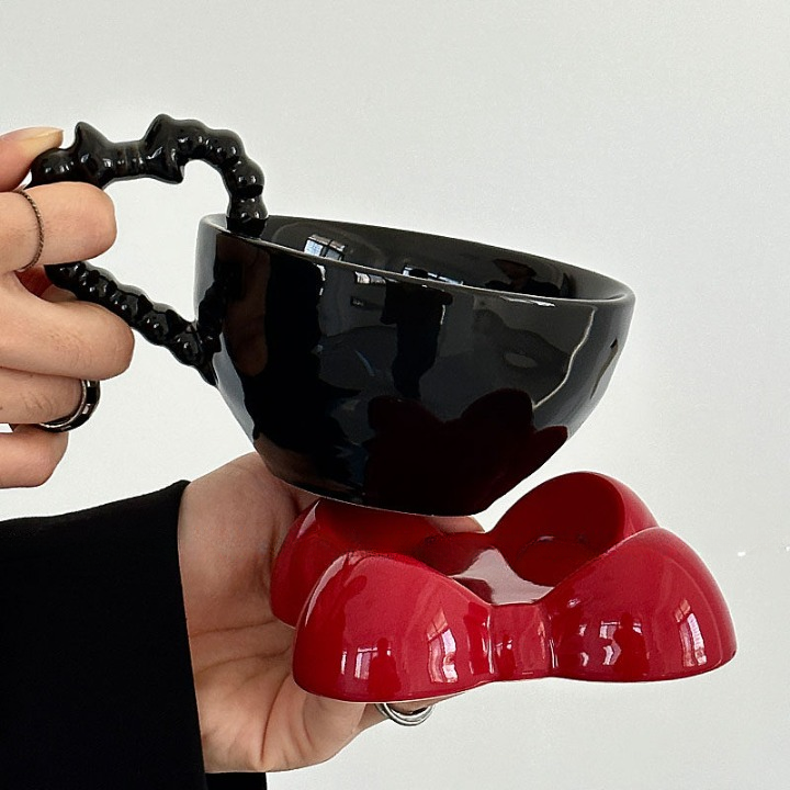 Black Ceramic Coffee Cup with Red Bow Saucer and Spoon Gift Set