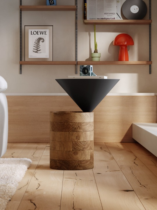 Modern Sculptural Side Table, Wood Cylinder Accent Table with Black Cone Top, Compact End Table for Living Room, Bedroom, Sofa Side, Apartment, Reading Nook, and Small Spaces