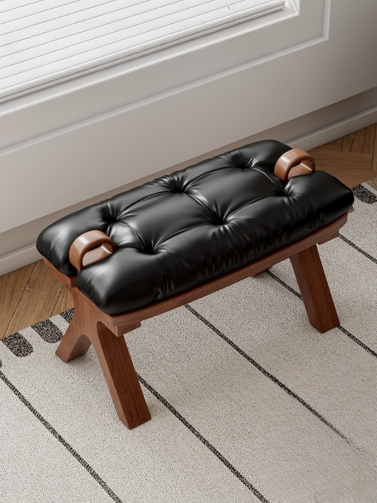 Black Leather Entryway Bench with Wood Frame, Tufted Shoe Changing Stool