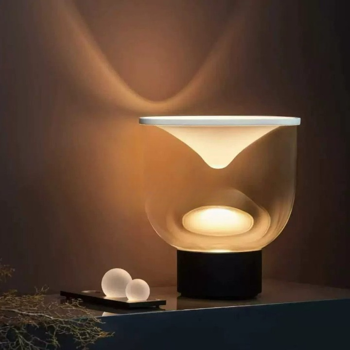 Modern Smoked Glass Table Lamp, Sculptural Bowl Shade Desk Lamp with Black Base and Button Switch, Contemporary Accent Lighting for Bedroom, Living Room, Hotel Lobby, Office