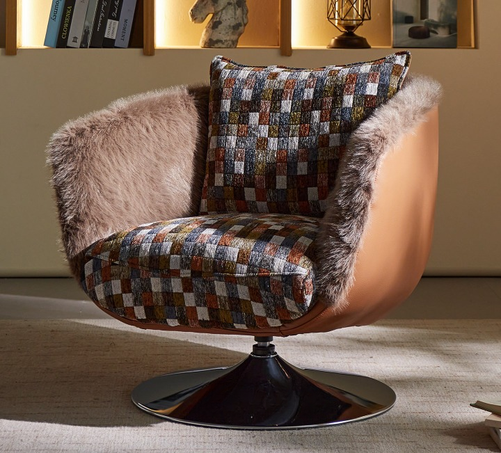 Plaid Swivel Accent Chair, Retro Upholstered Lounge Chair with Faux Fur Trim and Metal Pedestal Base for Living Room, Bedroom and Reading Corner