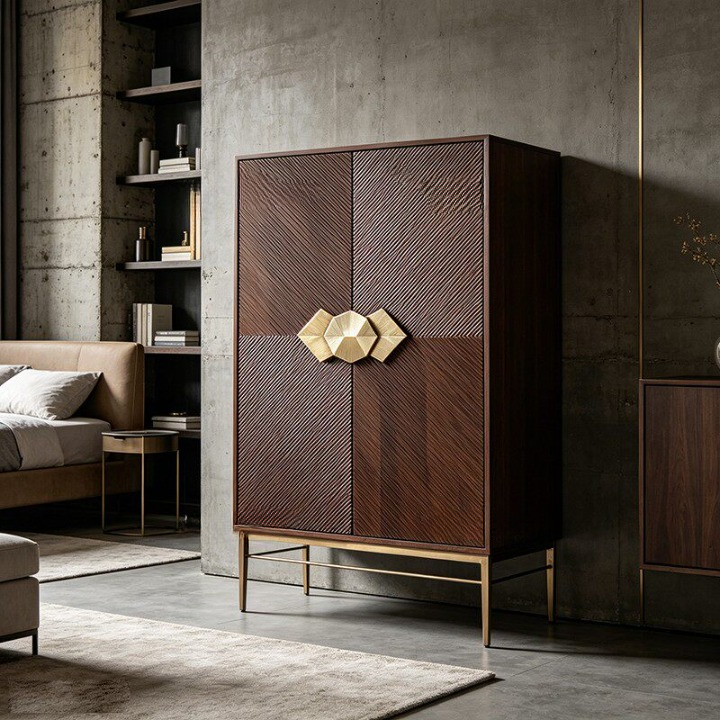 Walnut Brown Bar Cabinet with 2 Doors and Gold Metal Base