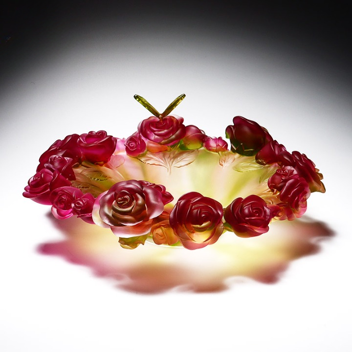 Rose Flower Decorative Bowl with Butterfly, Large Pink Art Glass Fruit Bowl for Dining Table, Coffee Table, Living Room, Entryway and Housewarming Gift