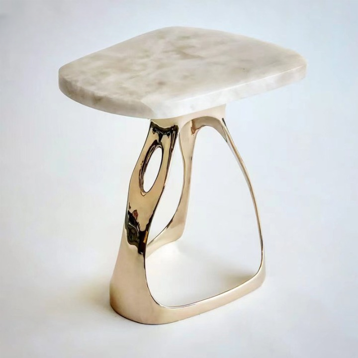 Modern Marble Side Table with Sculptural Gold Base, Irregular Accent End Table with White Stone Top for Living Room, Bedroom, Lounge or Entryway
