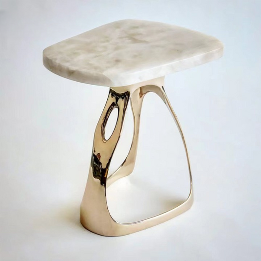Modern Marble Side Table with Sculptural Gold Base, Irregular Accent End Table with White Stone Top for Living Room, Bedroom, Lounge or Entryway