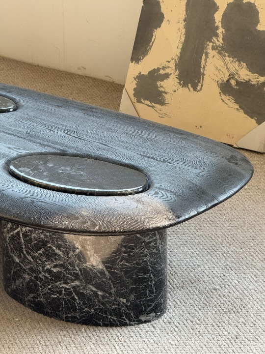 Oval Solid Wood Coffee Table, Black Travertine Accent Cocktail Table for Living Room