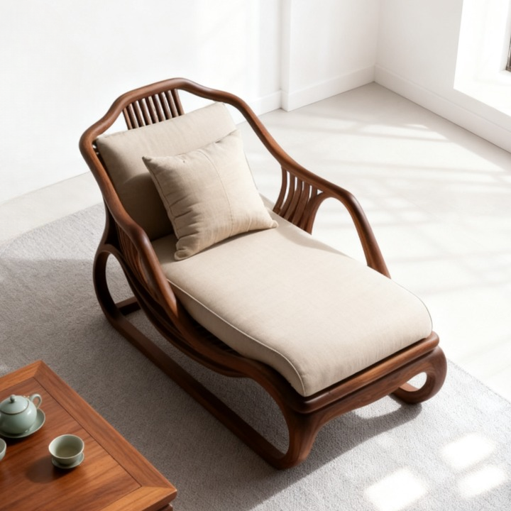 Ash Wood Chaise Lounge Chair with Cushions and Sculpted Frame