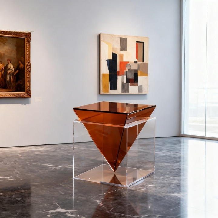 Amber Acrylic Side Table with Clear Cube Base for Living Room Display
