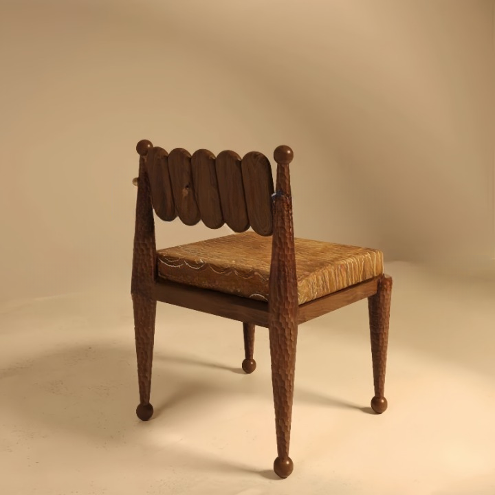 Warm Walnut Brown Solid Wood Dining Chair, Sculptural Five-Panel Back Side Chair with Camel Textured Fabric Cushion, Tapered Legs and Ball Feet for Dining Room, Living Room, Study and Bedroom