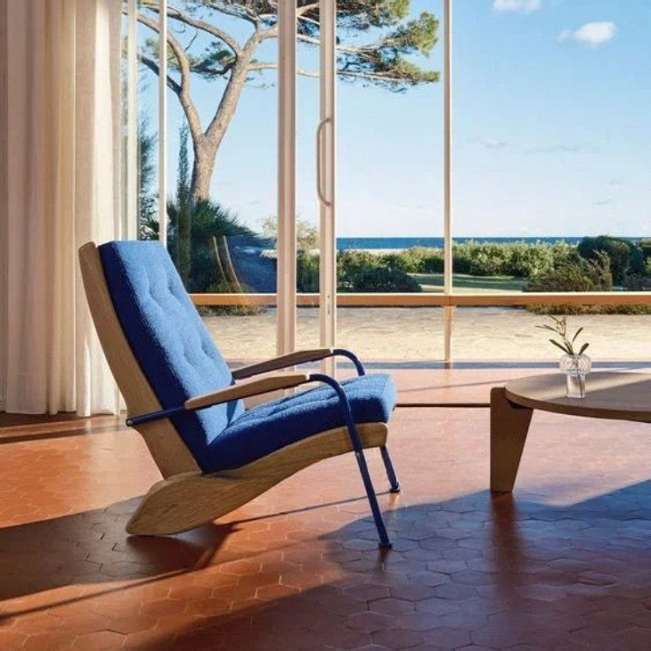 Blue Fabric Lounge Chair, Scandinavian Wood and Metal Accent Recliner Chair with Ash Wood Frame, Modern Single Leisure Chair for Living Room, Bedroom, Balcony, Reading Nook and Small Spaces